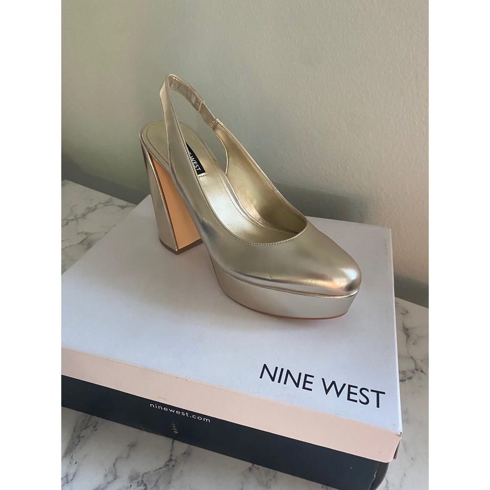 Nine West Trins3 Gold Metallic Slingback Platform Block Heel Pumps Size 9M